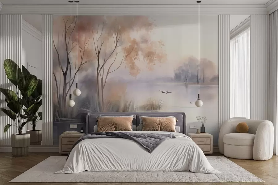 wall murals Пејзаж, магловито језеро са дрвећем и трском, птице у лету, текстурирани стил акварела w09866