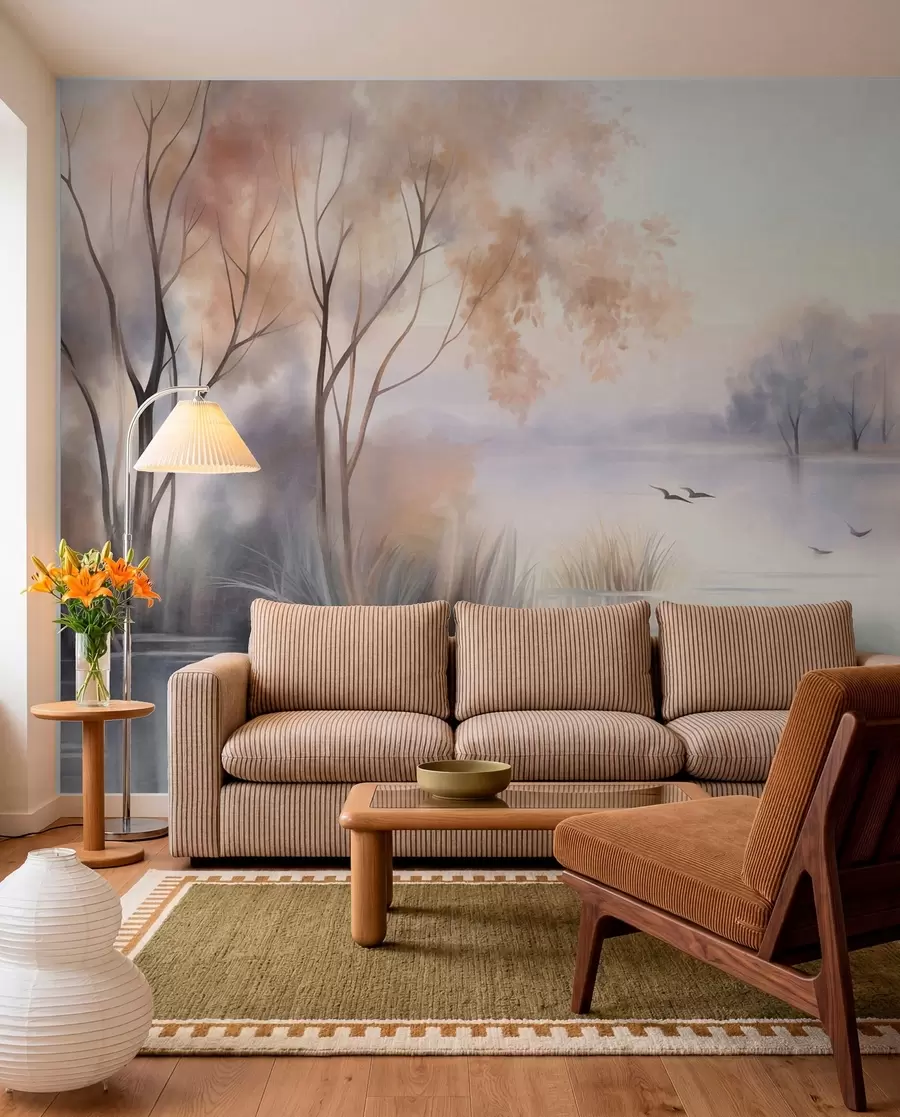 wall murals Пејзаж, магловито језеро са дрвећем и трском, птице у лету, текстурирани стил акварела w09866