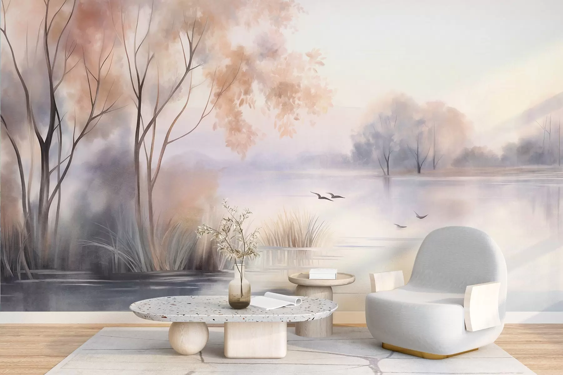 wall murals Пејзаж, магловито језеро са дрвећем и трском, птице у лету, текстурирани стил акварела w09866
