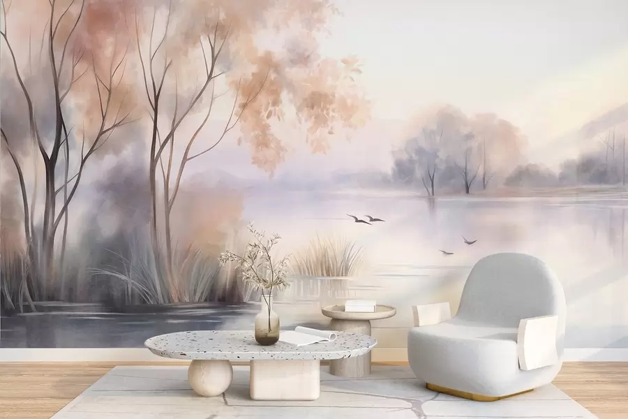wall murals Пејзаж, магловито језеро са дрвећем и трском, птице у лету, текстурирани стил акварела w09866