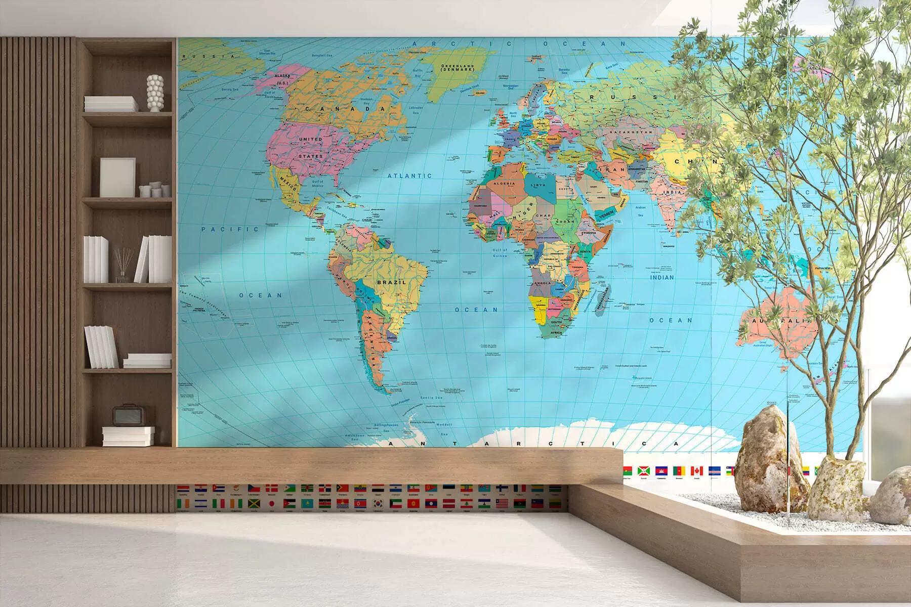 wall murals Политичка мапа света у боји са заставама, на енглеском језику c00004en