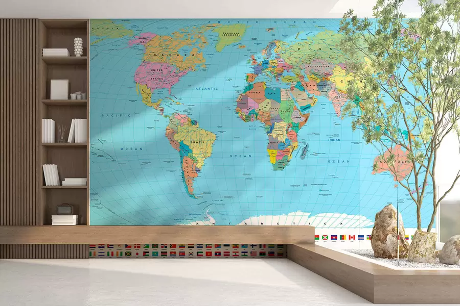 wall murals Политичка мапа света у боји са заставама, на енглеском језику c00004en