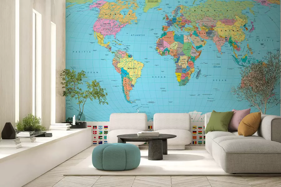 wall murals Политичка мапа света у боји са заставама, на енглеском језику c00004en