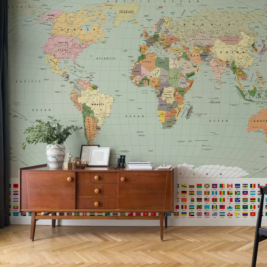 wall murals Маслинасто обојена политичка мапа света са заставама, на енглеском језику c00004env1