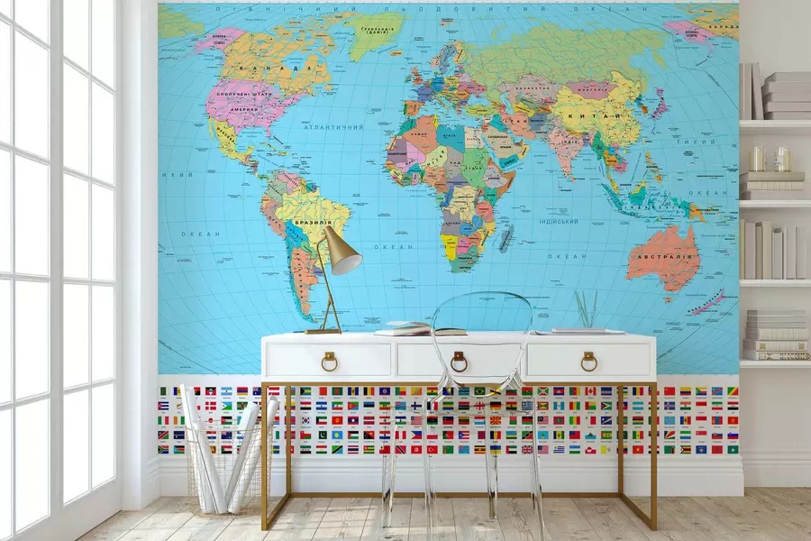 wall murals Маслинасто обојена политичка мапа света са заставама, на украјинском језику c00004uk