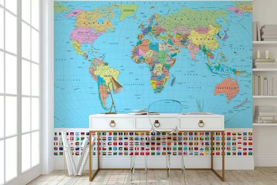 wall murals Маслинасто обојена политичка мапа света са заставама, на француском језику c00004fr