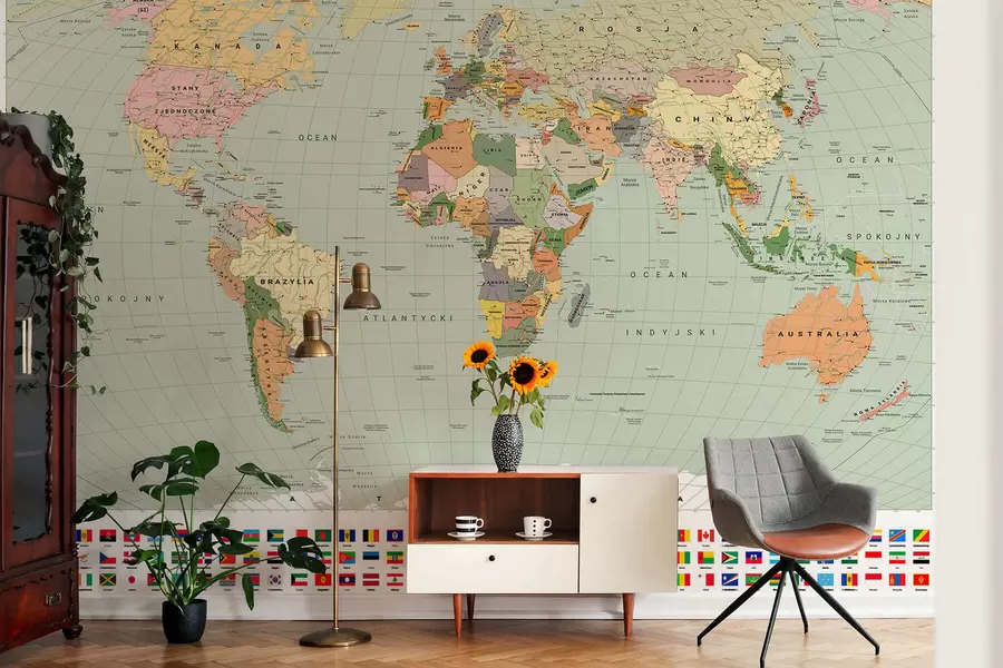 wall murals Политичка мапа света у боји са заставама на пољском језику c00004plv1