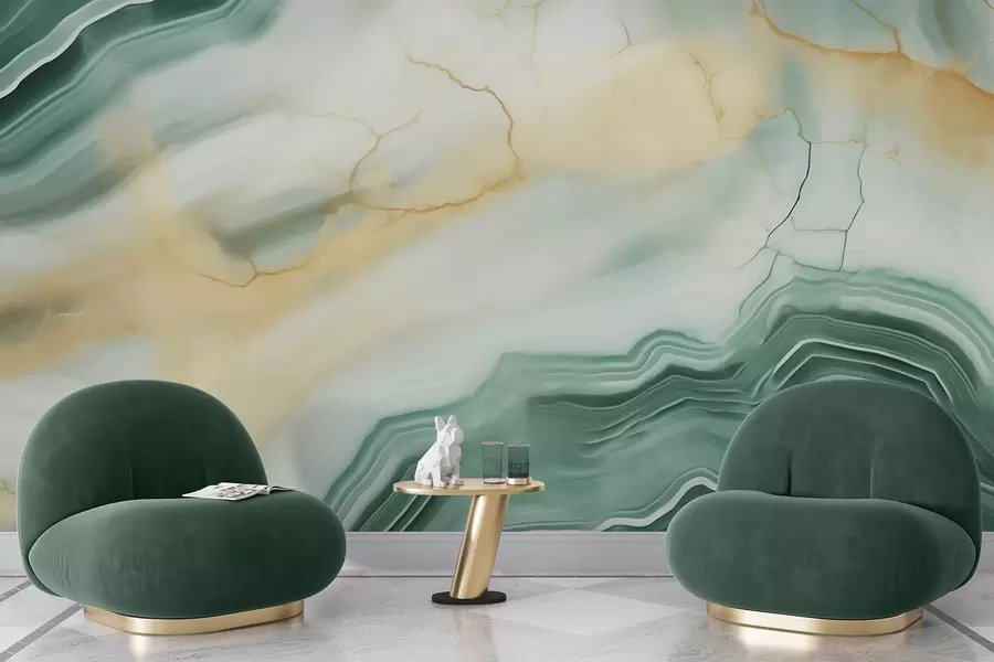wall murals Имитација апстрактног мермерног текстурног узорка, нијансе зелене и жуте w05587