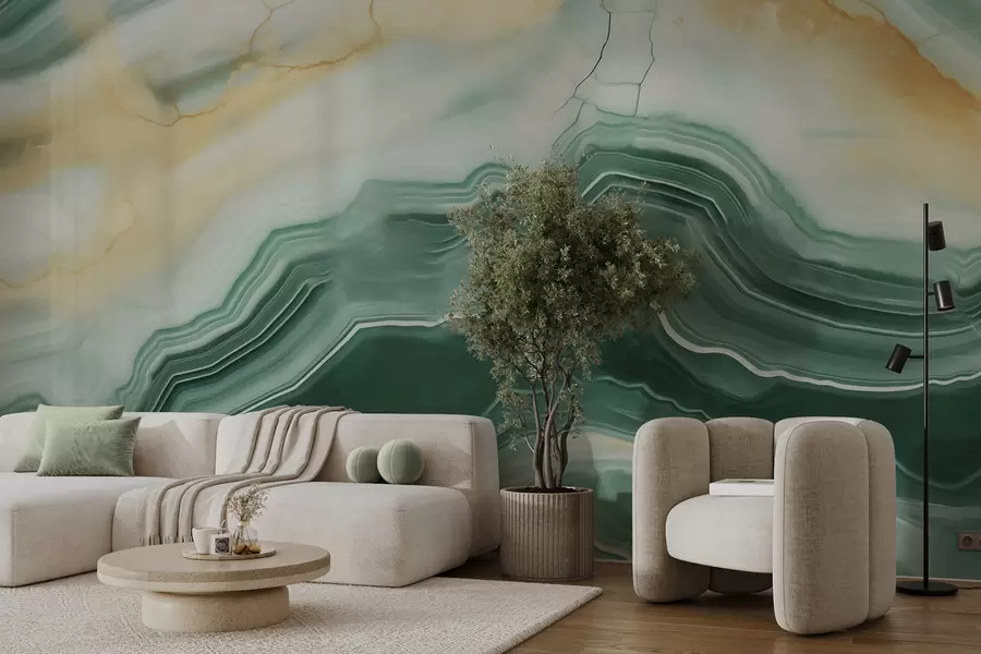 wall murals Имитација апстрактног мермерног текстурног узорка, нијансе зелене и жуте w05587