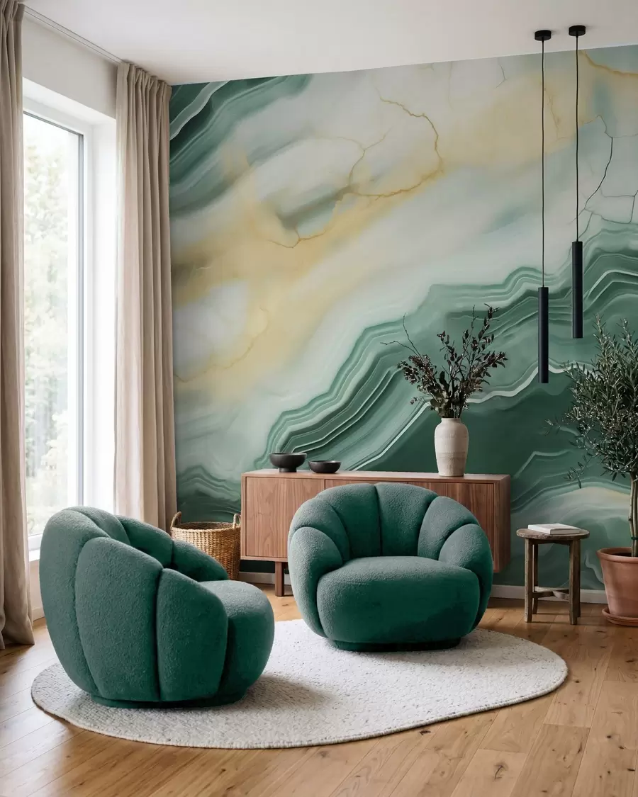 wall murals Имитација апстрактног мермерног текстурног узорка, нијансе зелене и жуте w05587