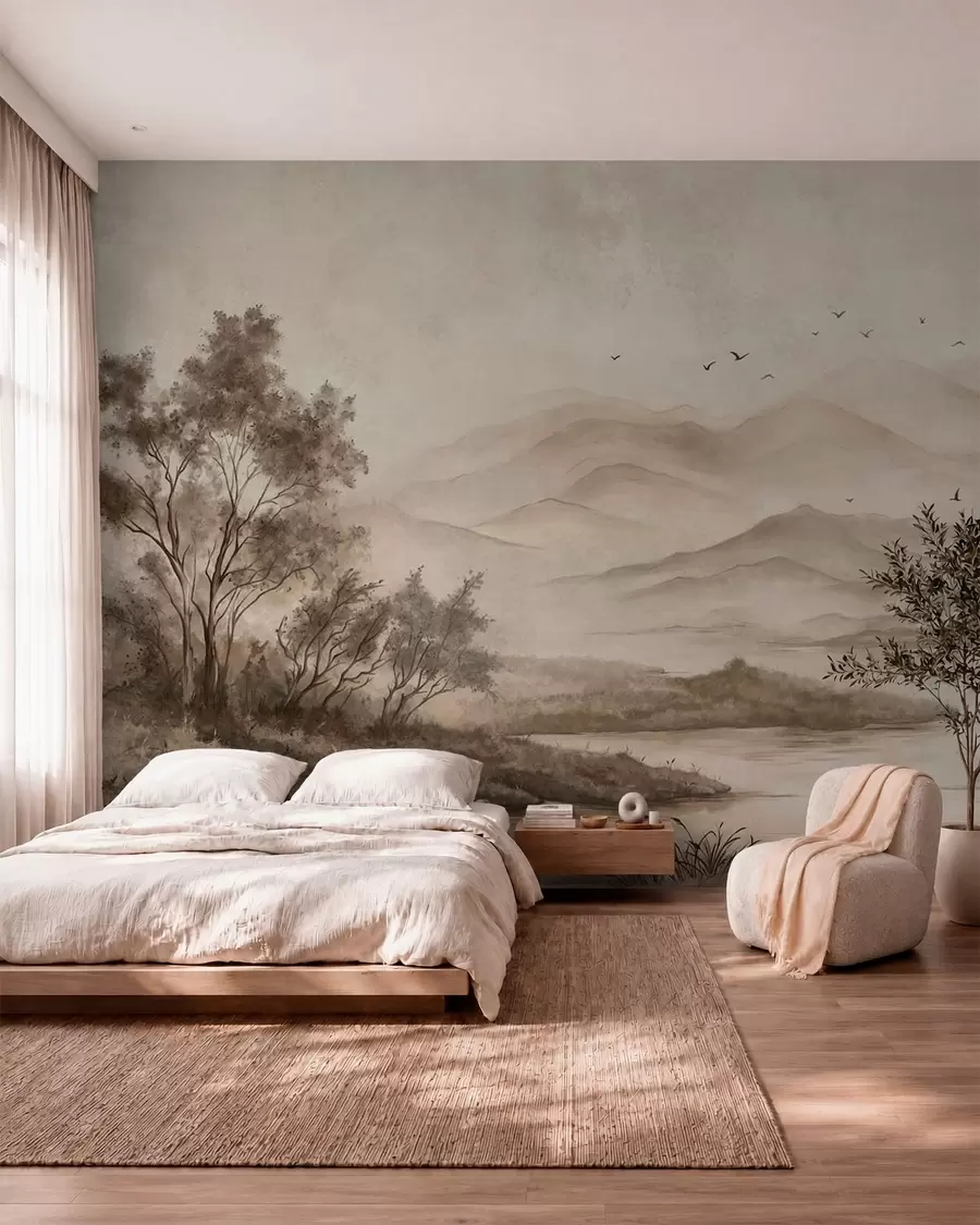 wall murals Магловити планински пејзаж са реком и птицама w05535