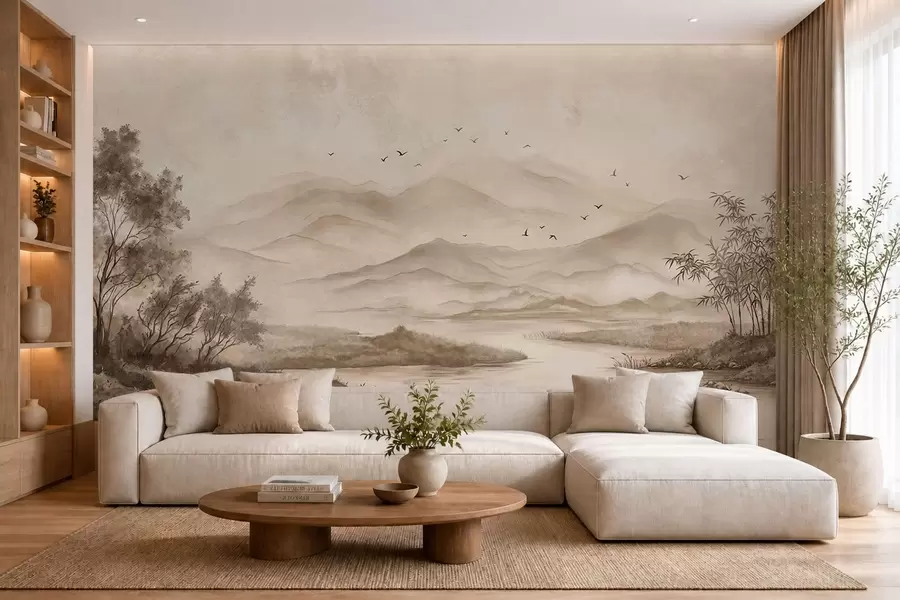 wall murals Магловити планински пејзаж са реком и птицама w05535