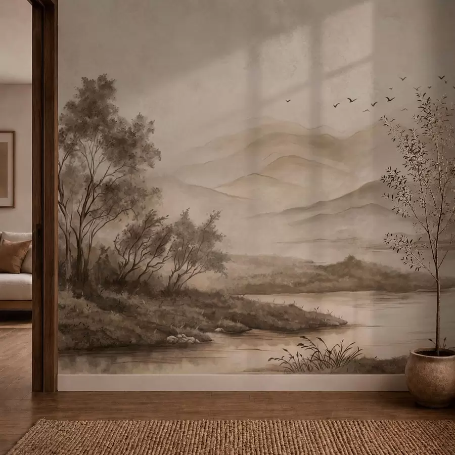 wall murals Магловити планински пејзаж са реком и птицама w05535