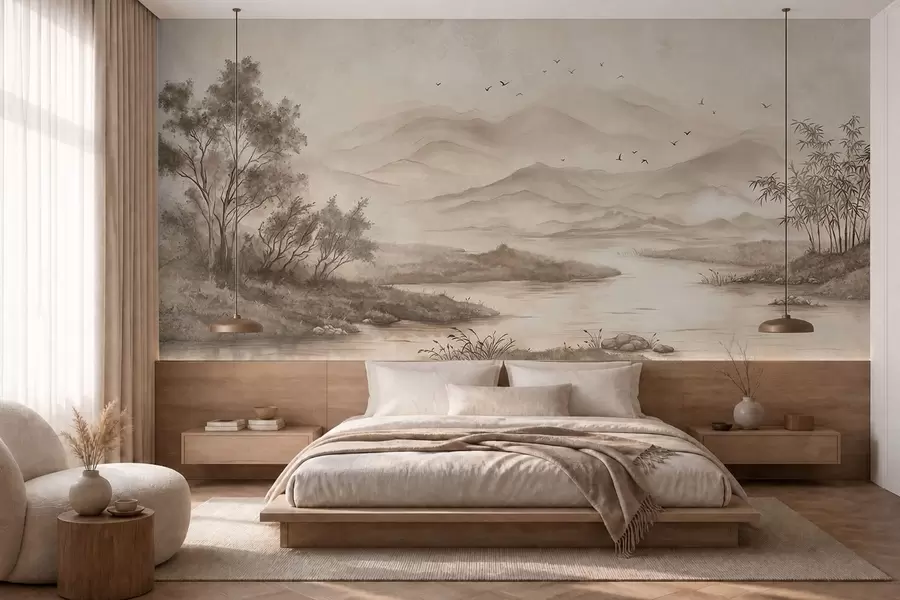 wall murals Мирни пејзаж са реком и далеким планинама w05535v1