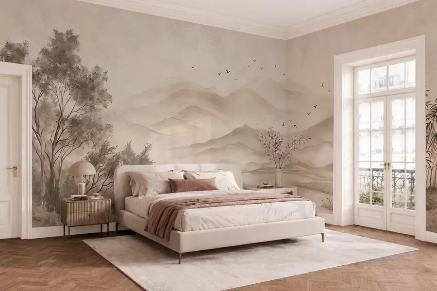 wall murals Мирни пејзаж са реком и далеким планинама w05535v1