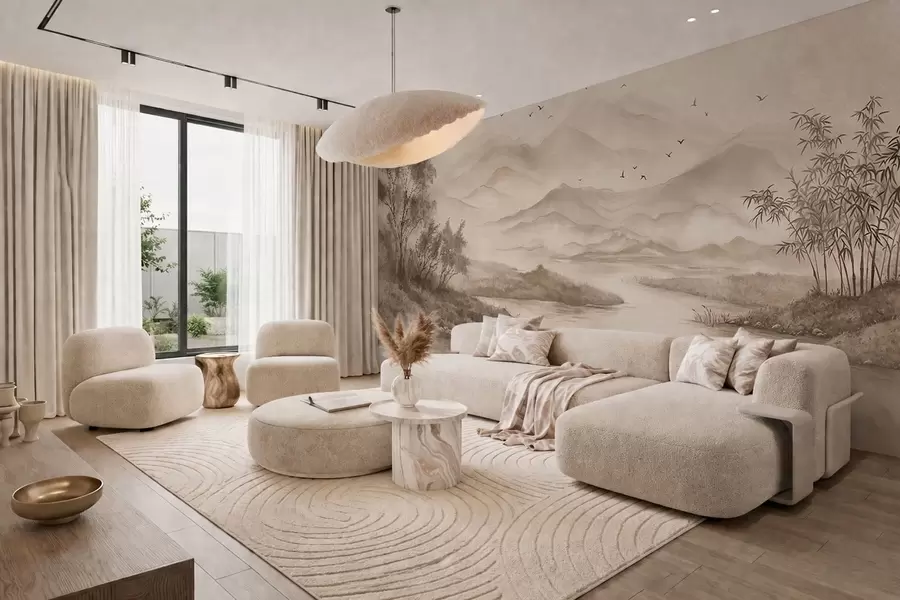 wall murals Мирни пејзаж са реком и далеким планинама w05535v1