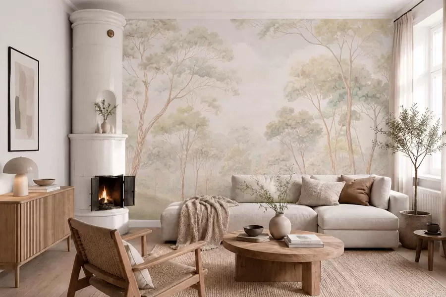 wall murals Светли шумски пејзаж са високим дрвећем w05624