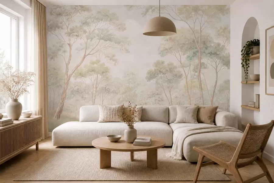 wall murals Светли шумски пејзаж са високим дрвећем w05624