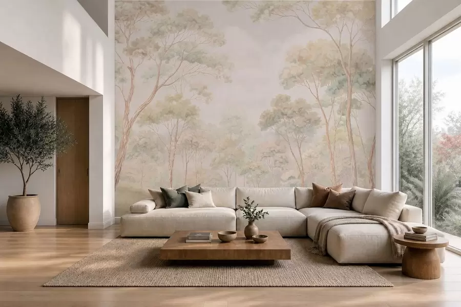 wall murals Светли шумски пејзаж са високим дрвећем w05624