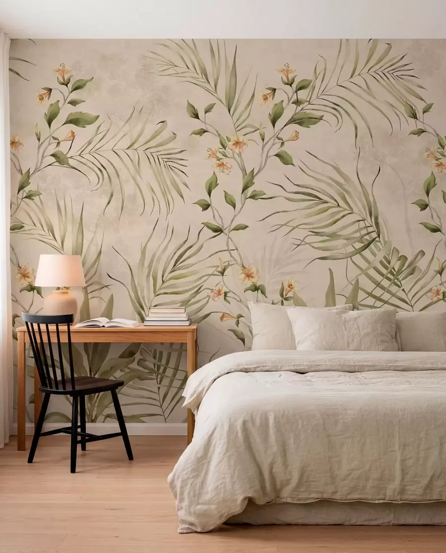 wall murals Тропско лишће и нежно цвеће на беж позадини w05625