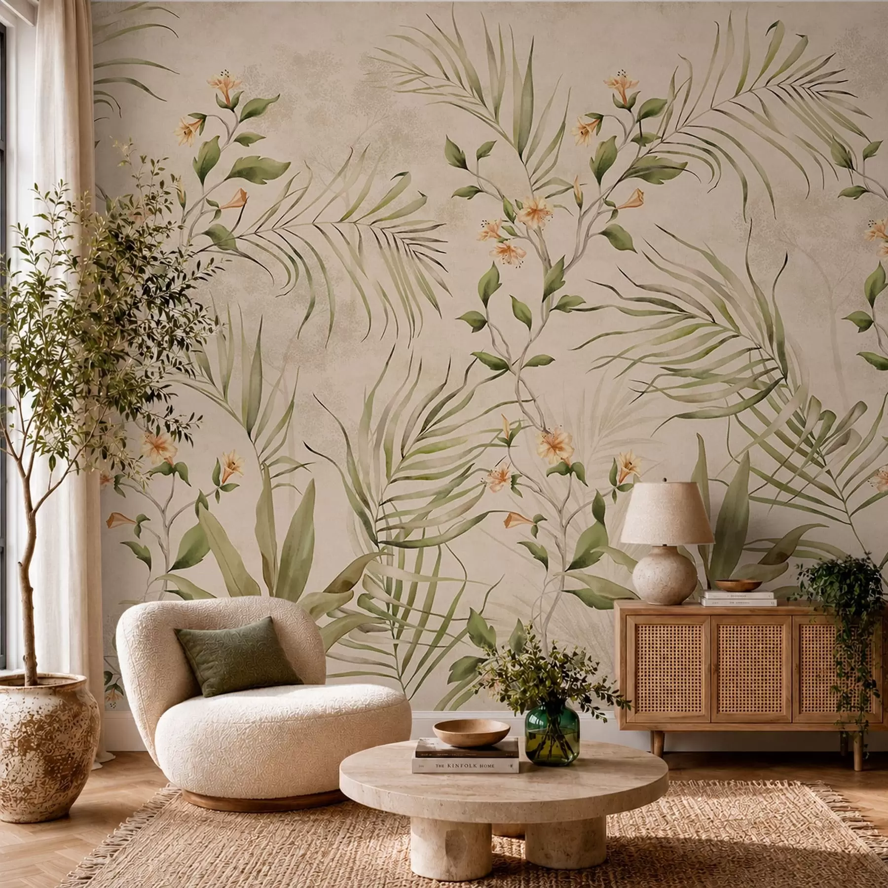 wall murals Тропско лишће и нежно цвеће на беж позадини w05625