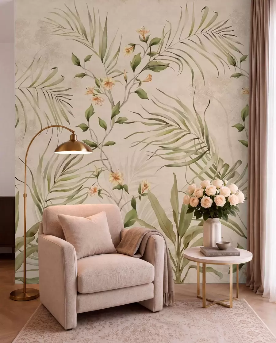 wall murals Тропско лишће и нежно цвеће на беж позадини w05625
