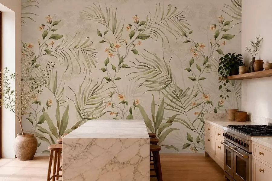 wall murals Тропско лишће и нежно цвеће на беж позадини w05625