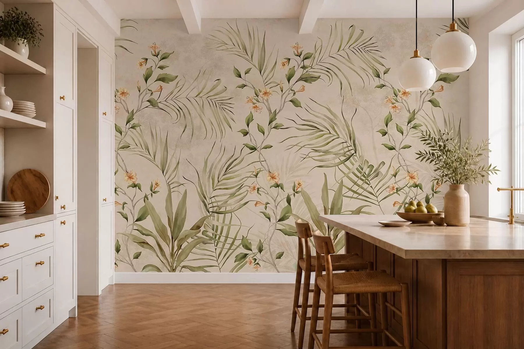 wall murals Тропско лишће и нежно цвеће на беж позадини w05625