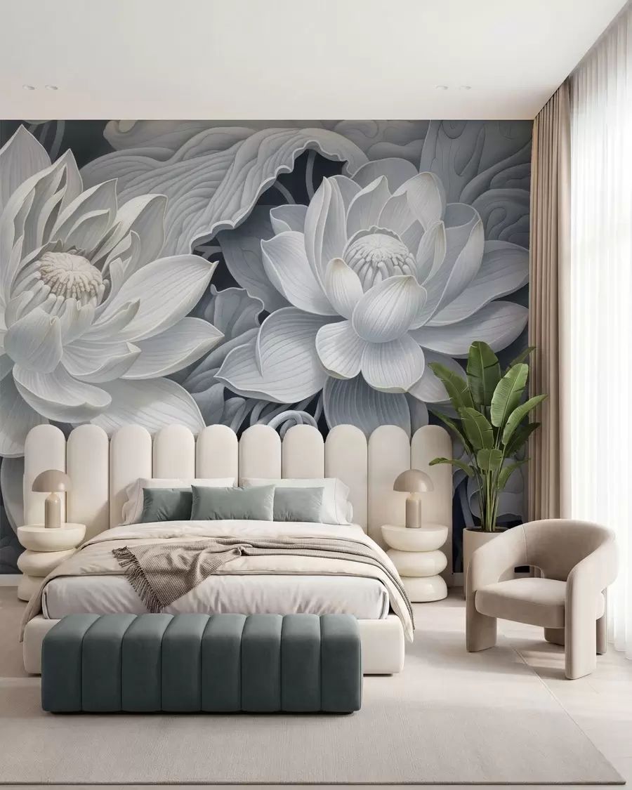 wall murals Винтажни лотосови цветови са меким сепија тоновима и детаљним латицама, уметничка ботаничка илустрација w05494