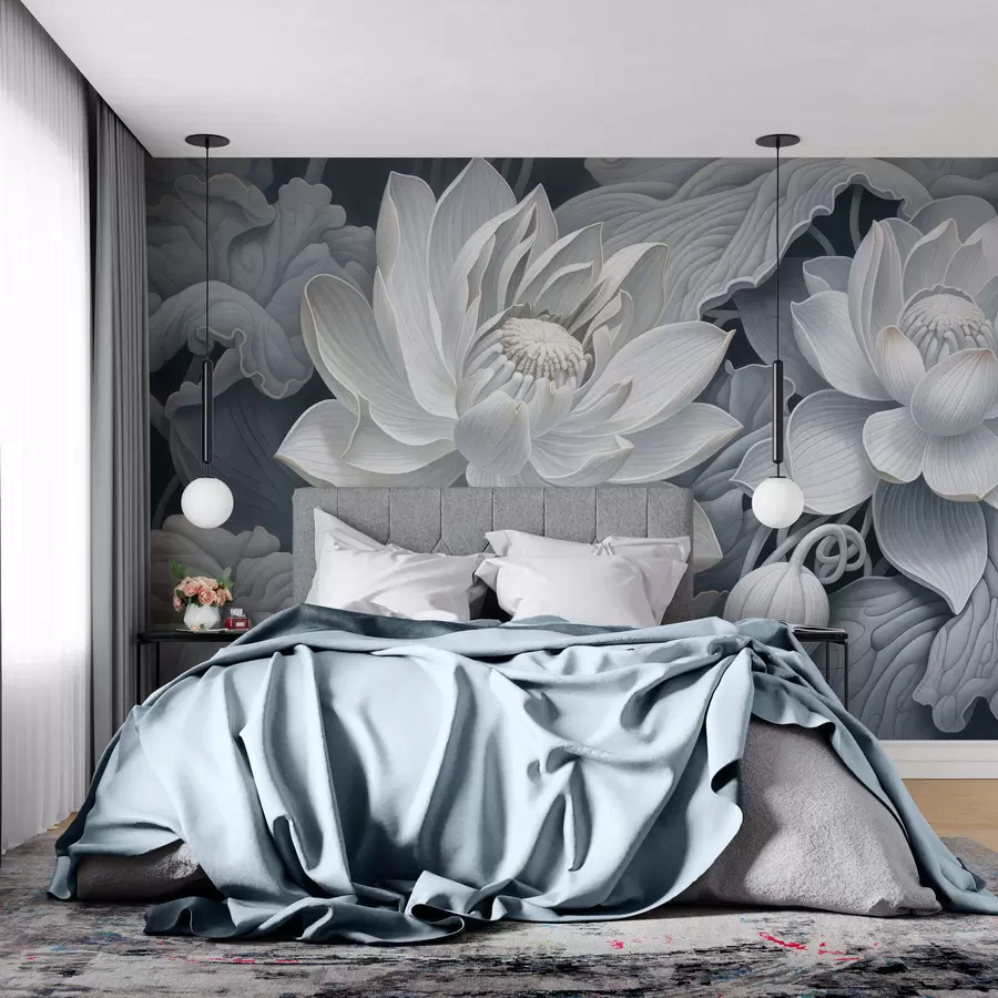 wall murals Винтажни лотосови цветови са меким сепија тоновима и детаљним латицама, уметничка ботаничка илустрација w05494