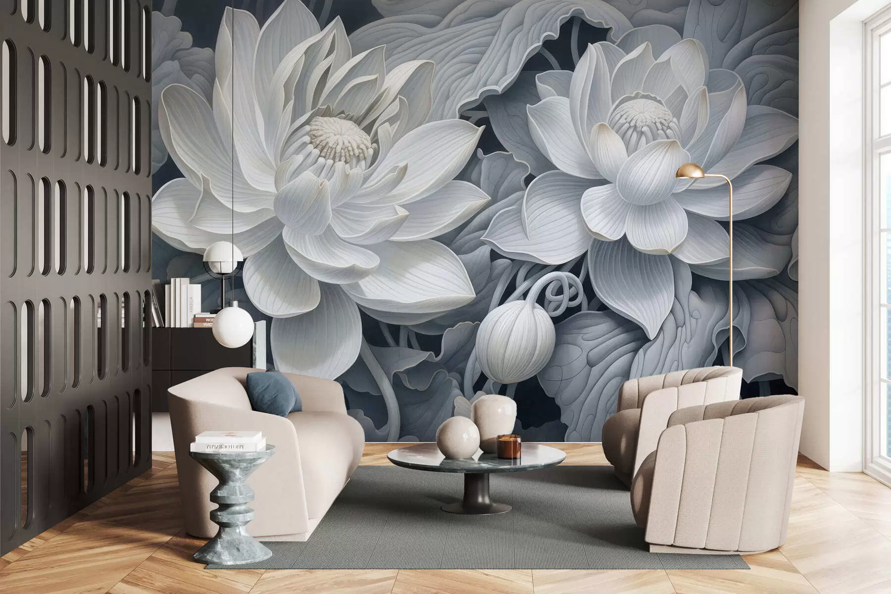 wall murals Винтажни лотосови цветови са меким сепија тоновима и детаљним латицама, уметничка ботаничка илустрација w05494