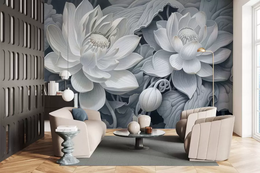 wall murals Винтажни лотосови цветови са меким сепија тоновима и детаљним латицама, уметничка ботаничка илустрација w05494