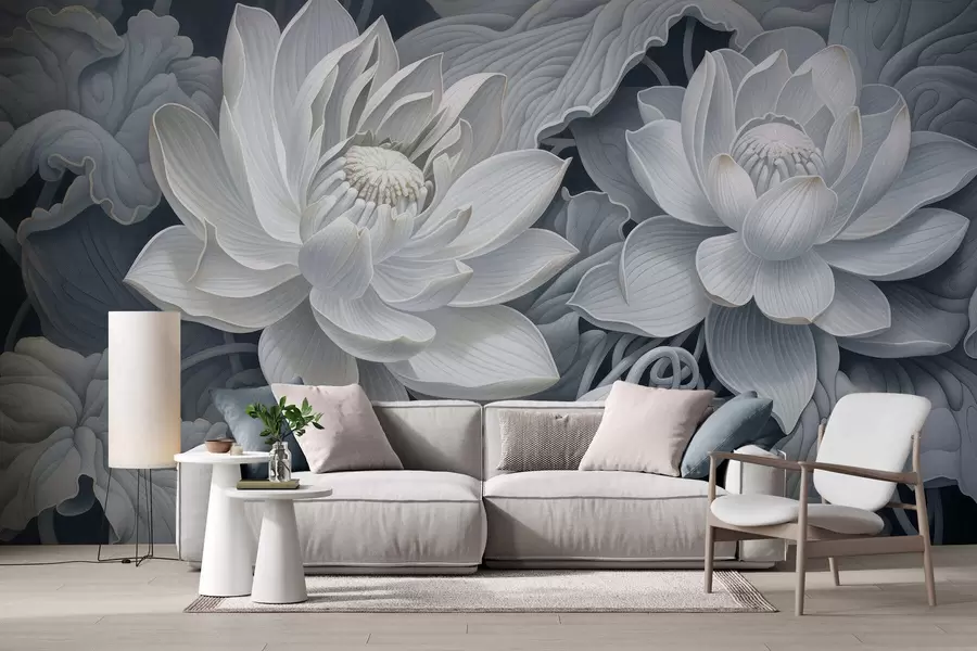 wall murals Винтажни лотосови цветови са меким сепија тоновима и детаљним латицама, уметничка ботаничка илустрација w05494