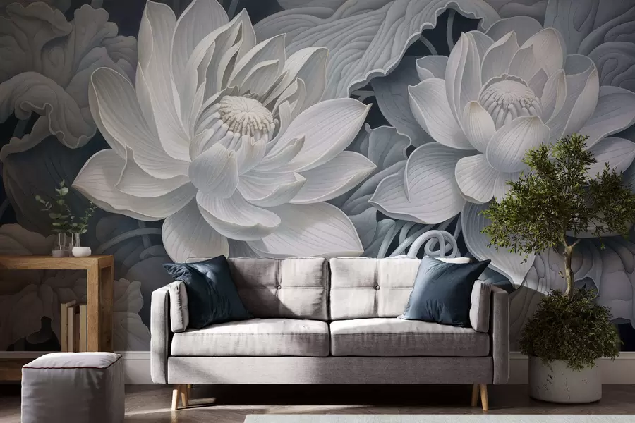 wall murals Винтажни лотосови цветови са меким сепија тоновима и детаљним латицама, уметничка ботаничка илустрација w05494