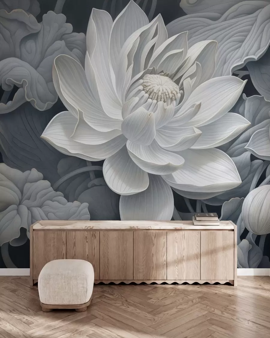 wall murals Винтажни лотосови цветови са меким сепија тоновима и детаљним латицама, уметничка ботаничка илустрација w05494