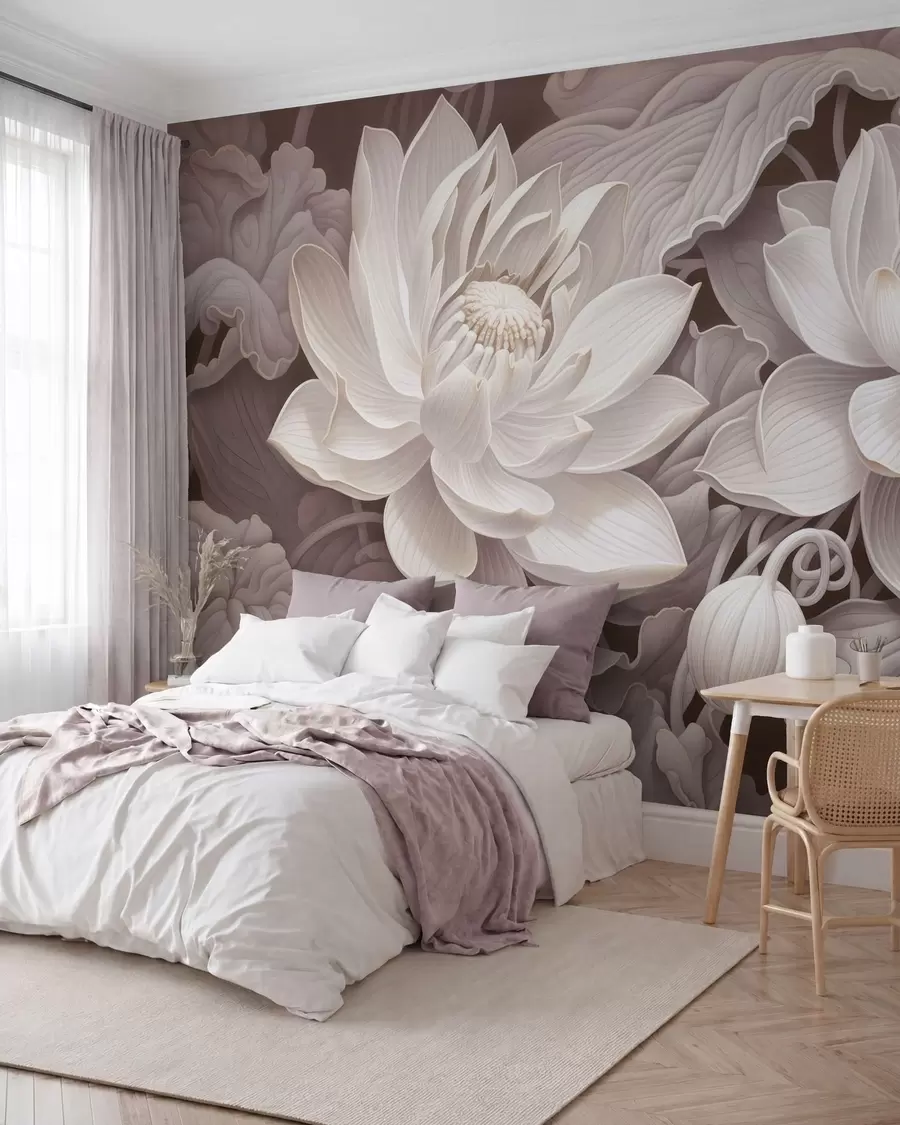 wall murals Винтажни лотосови цветови са меким сепија тоновима и детаљним латицама, уметничка ботаничка илустрација w05494v1