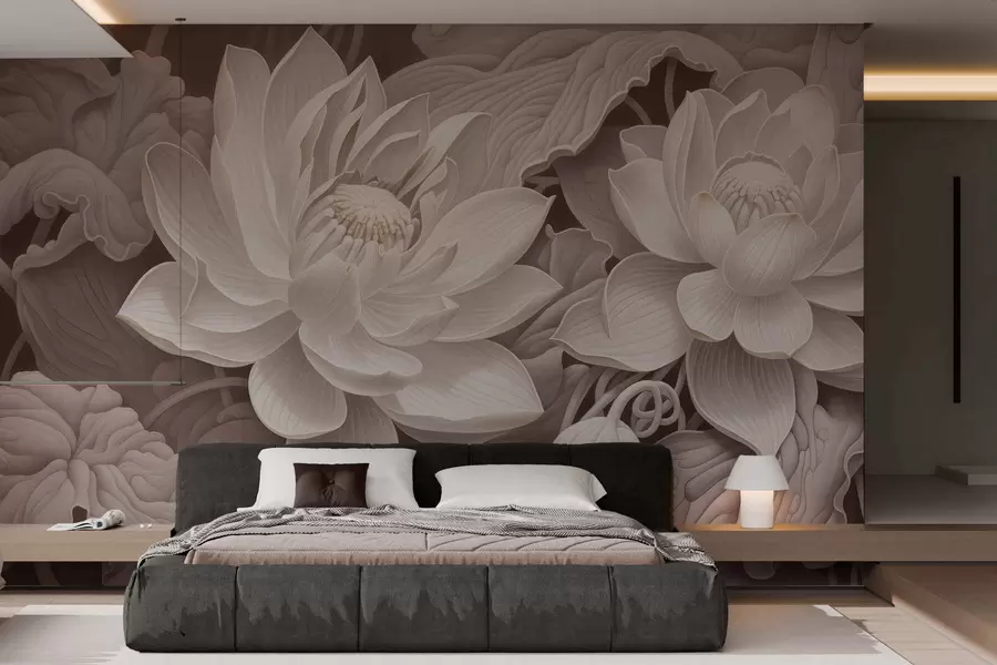 wall murals Винтажни лотосови цветови са меким сепија тоновима и детаљним латицама, уметничка ботаничка илустрација w05494v1