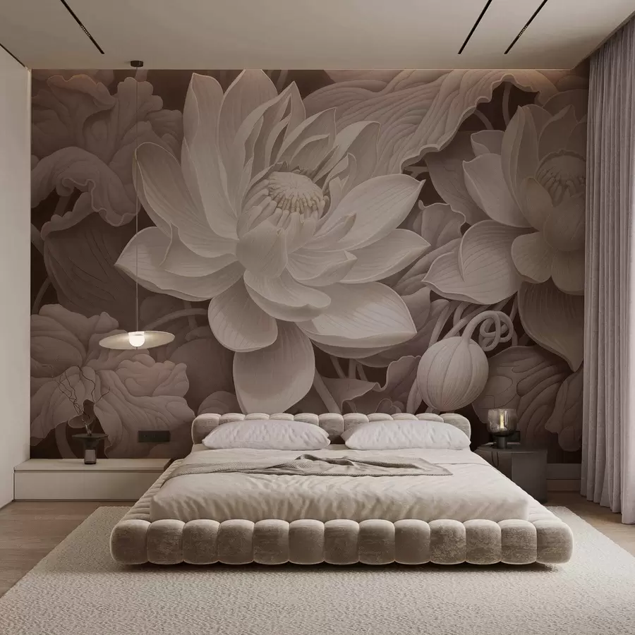 wall murals Винтажни лотосови цветови са меким сепија тоновима и детаљним латицама, уметничка ботаничка илустрација w05494v1