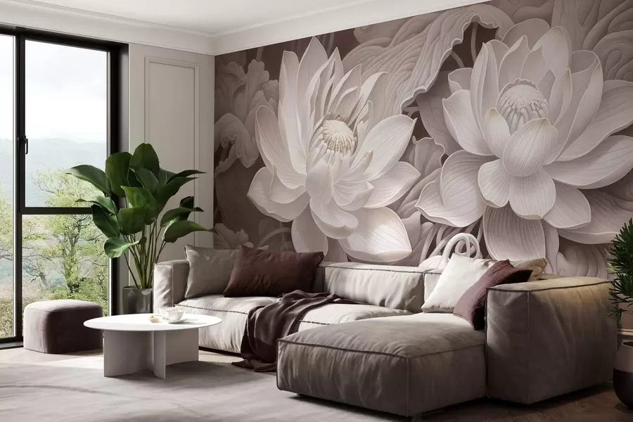 wall murals Винтажни лотосови цветови са меким сепија тоновима и детаљним латицама, уметничка ботаничка илустрација w05494v1