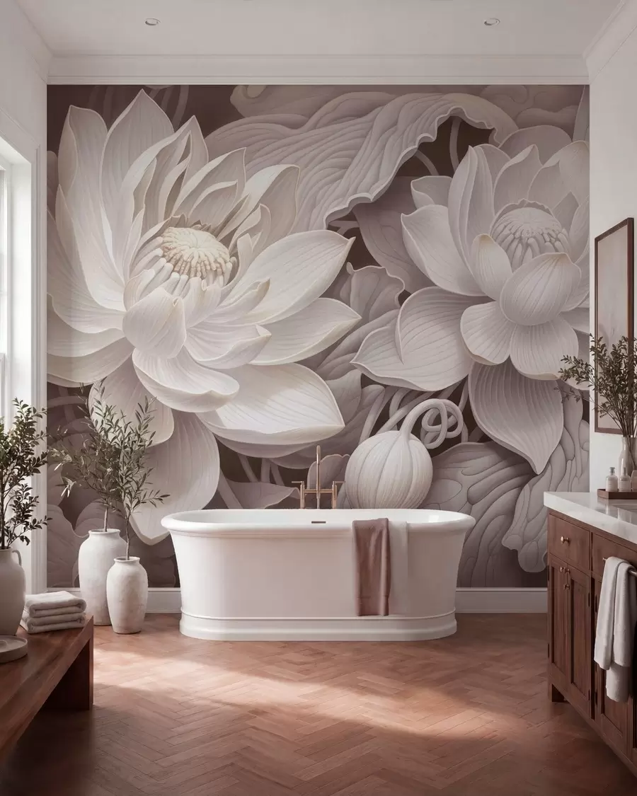 wall murals Винтажни лотосови цветови са меким сепија тоновима и детаљним латицама, уметничка ботаничка илустрација w05494v1