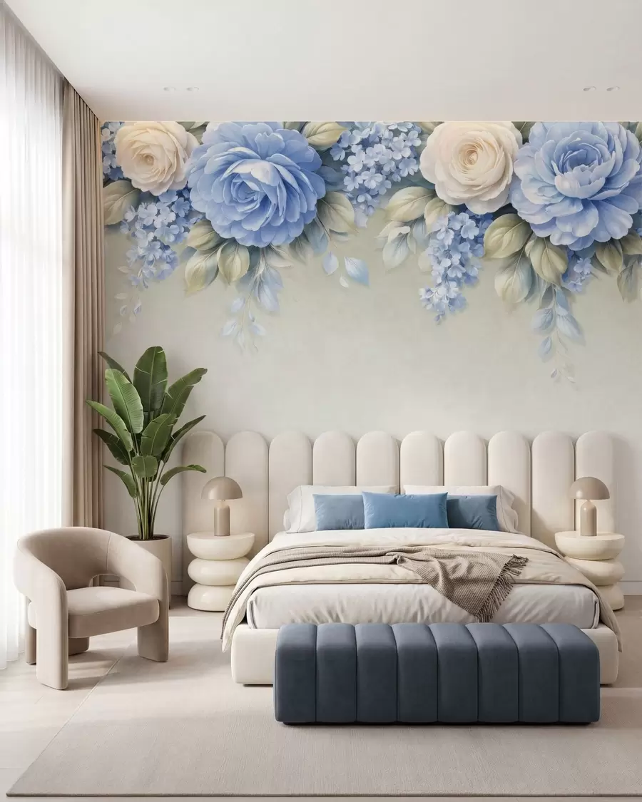 wall murals Нежне руже и цветни гроздови у ботаничкој композицији инспирисаној порцеланом са меким слојевитим латицама и елегантним лепршавим листовима w05495