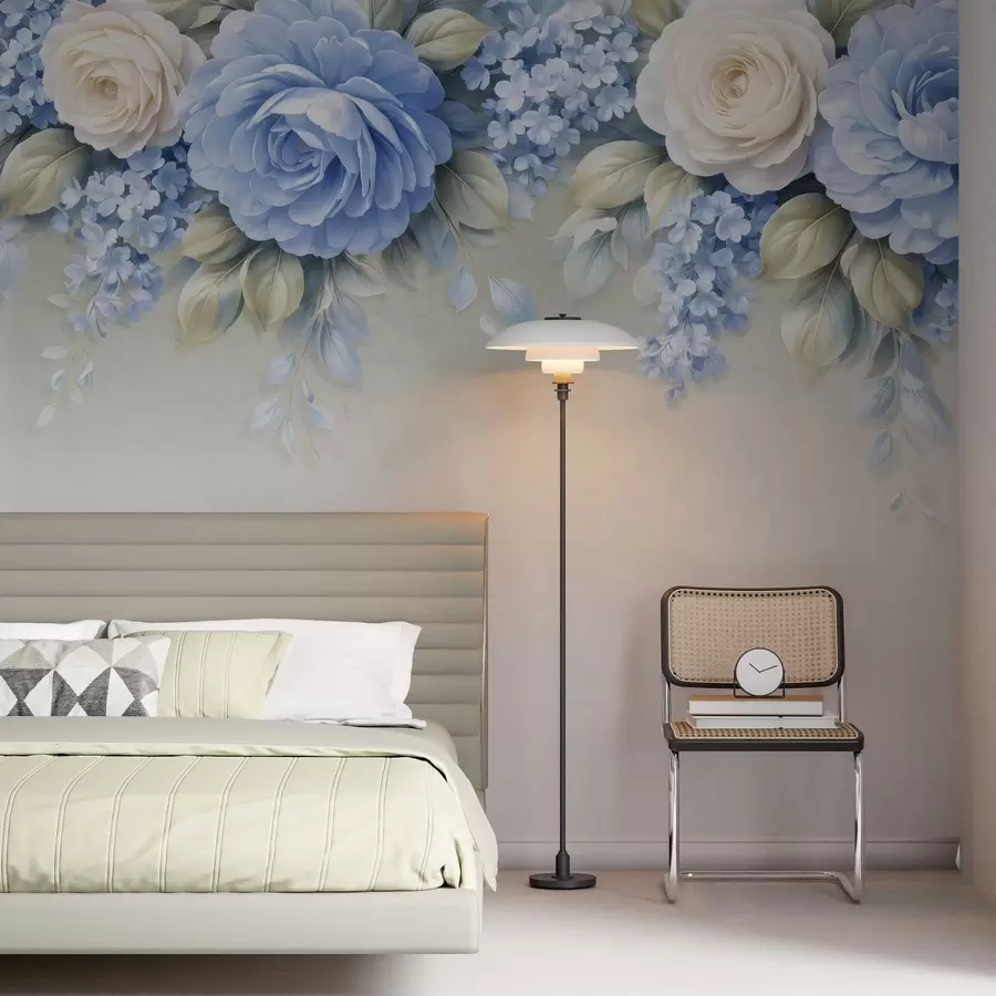 wall murals Нежне руже и цветни гроздови у ботаничкој композицији инспирисаној порцеланом са меким слојевитим латицама и елегантним лепршавим листовима w05495