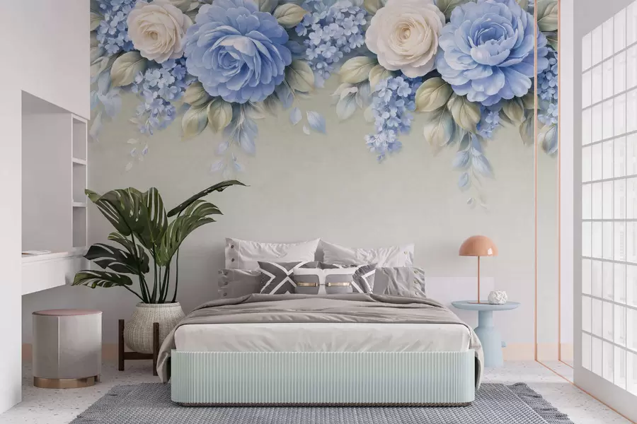 wall murals Нежне руже и цветни гроздови у ботаничкој композицији инспирисаној порцеланом са меким слојевитим латицама и елегантним лепршавим листовима w05495