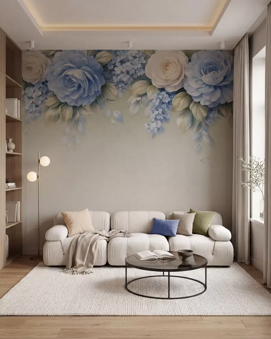 wall murals Нежне руже и цветни гроздови у ботаничкој композицији инспирисаној порцеланом са меким слојевитим латицама и елегантним лепршавим листовима w05495