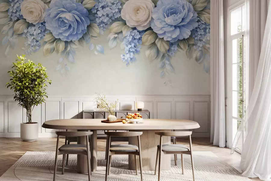 wall murals Нежне руже и цветни гроздови у ботаничкој композицији инспирисаној порцеланом са меким слојевитим латицама и елегантним лепршавим листовима w05495