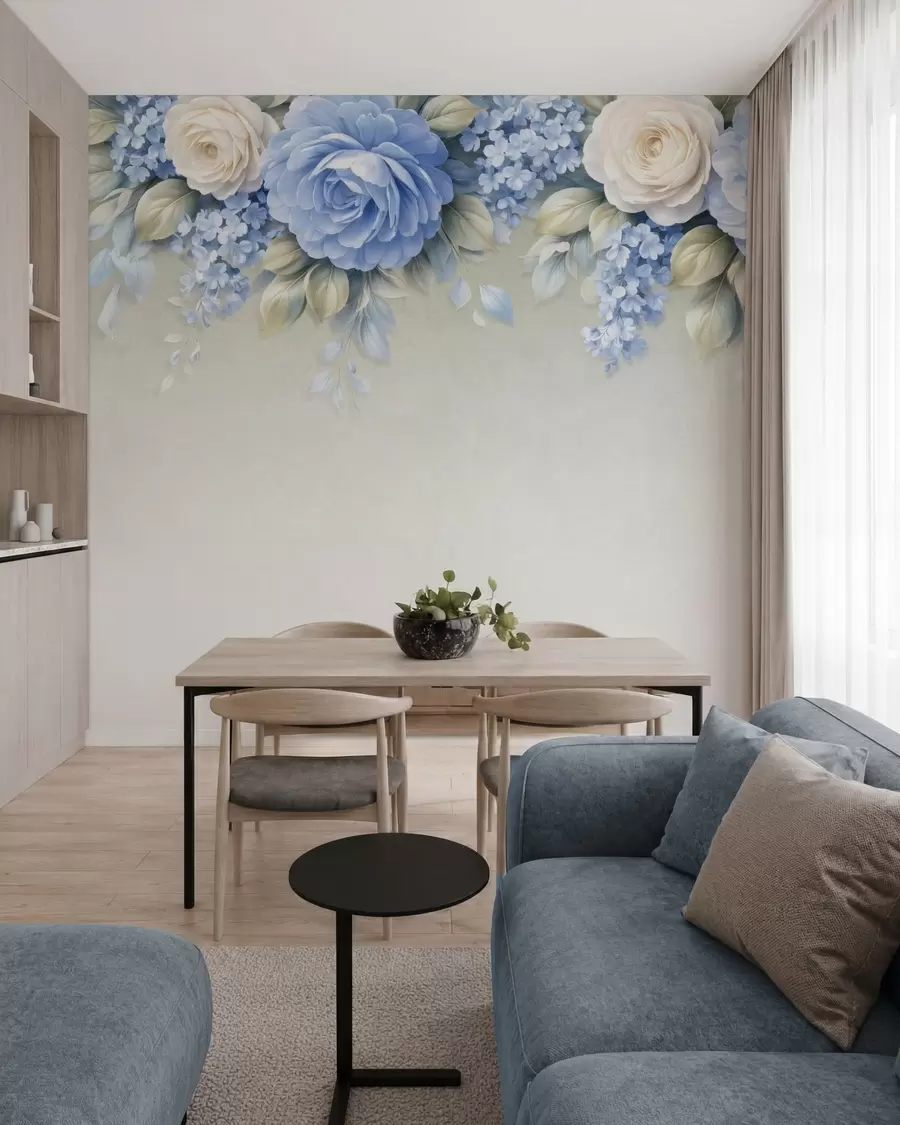 wall murals Нежне руже и цветни гроздови у ботаничкој композицији инспирисаној порцеланом са меким слојевитим латицама и елегантним лепршавим листовима w05495