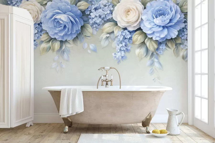 wall murals Нежне руже и цветни гроздови у ботаничкој композицији инспирисаној порцеланом са меким слојевитим латицама и елегантним лепршавим листовима w05495