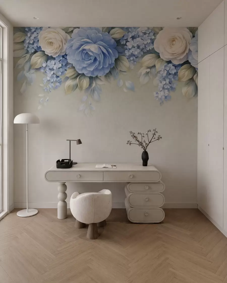 wall murals Нежне руже и цветни гроздови у ботаничкој композицији инспирисаној порцеланом са меким слојевитим латицама и елегантним лепршавим листовима w05495