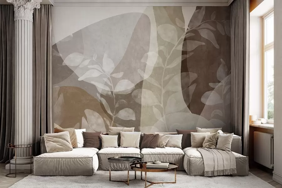 wall murals Апстрактни облици у земљаним тоновима преклапају се са транспарентним ботаничким елементима, текстурираном уметношћу w09865