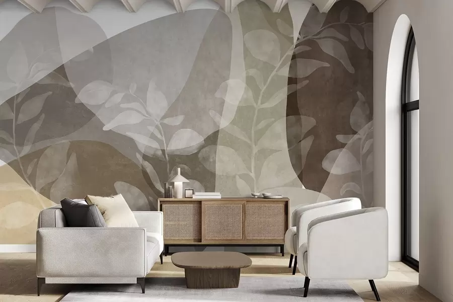 wall murals Апстрактни облици у земљаним тоновима преклапају се са транспарентним ботаничким елементима, текстурираном уметношћу w09865